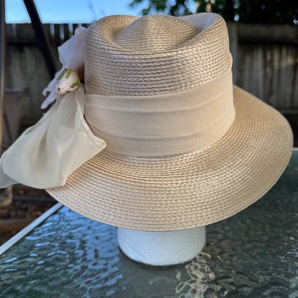 Vintage Champagne Straw Derby Hat Rose Floral Chiffon Ruffle Wedding Church Hat main image 6